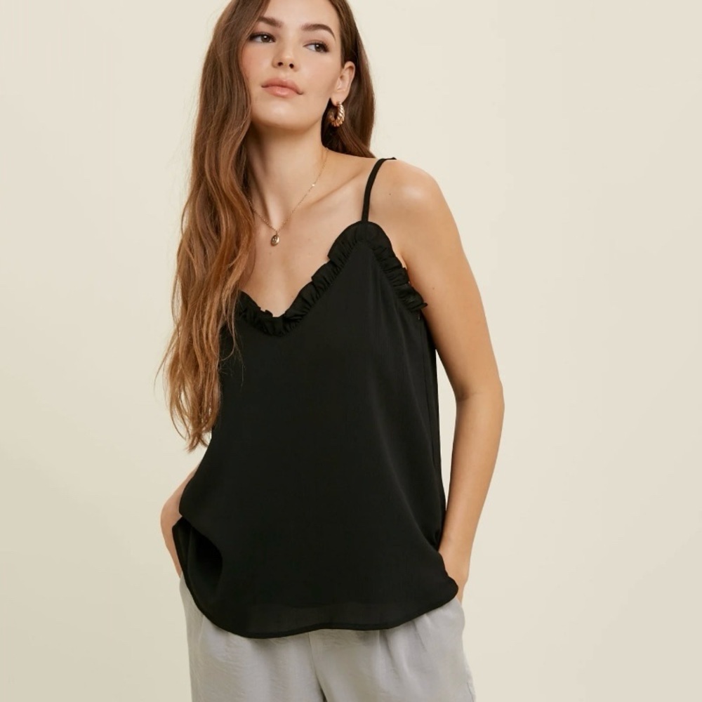 VICI Black Ruffle Trim Cami Top | Textured Fabric Adjustable Straps | Women’s‎ L